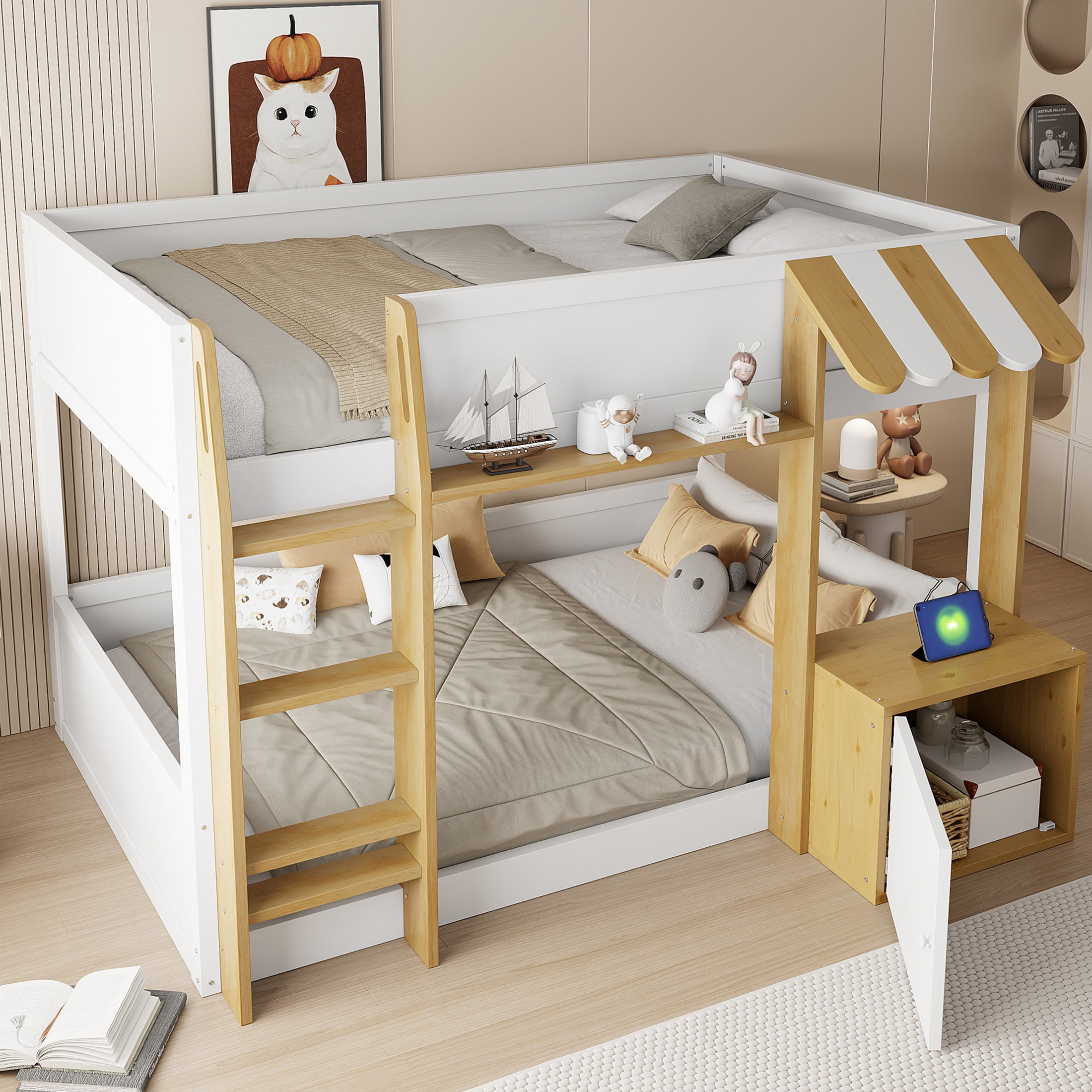 Noble House Heliox Twin over Twin Wood Bunk Bed with Integrated Desk, Storage Cabinet and USB Charging Ports, White