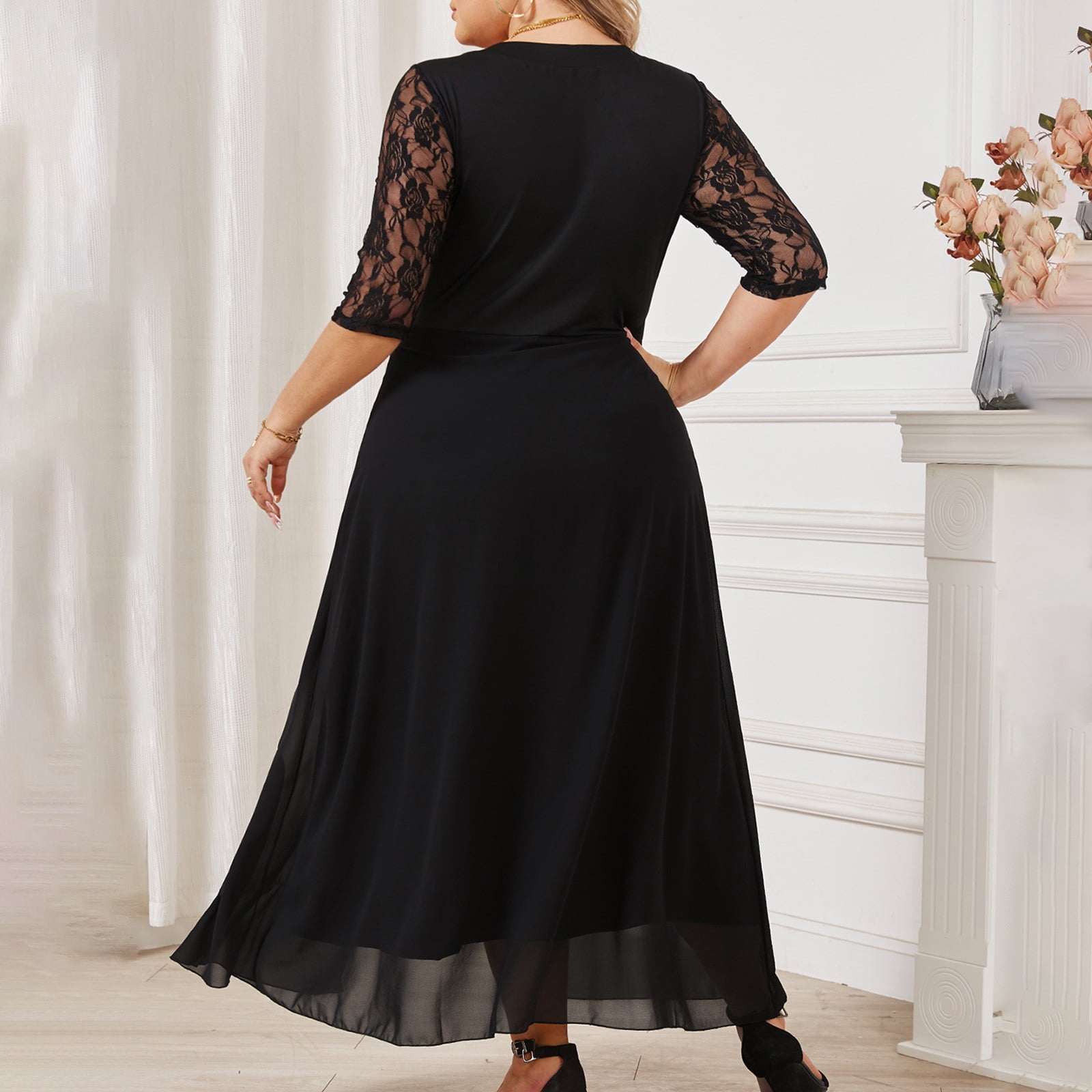 lace dresses for mature ladies Women Party Plus Size 3/4 Sleeve High Split Chiffon Formal Dress Old Womens Wedding Guest Dress Black, 3XL Filter_Instock