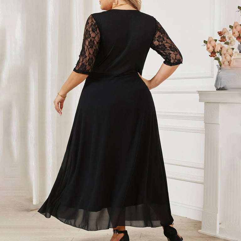 knee length dresses for ladies Ever-Pretty Inclusive Plus Size Lace Long Lantern Sleeves V-Neck A-Line Summer Formal Wedding Guest Dress main image 0