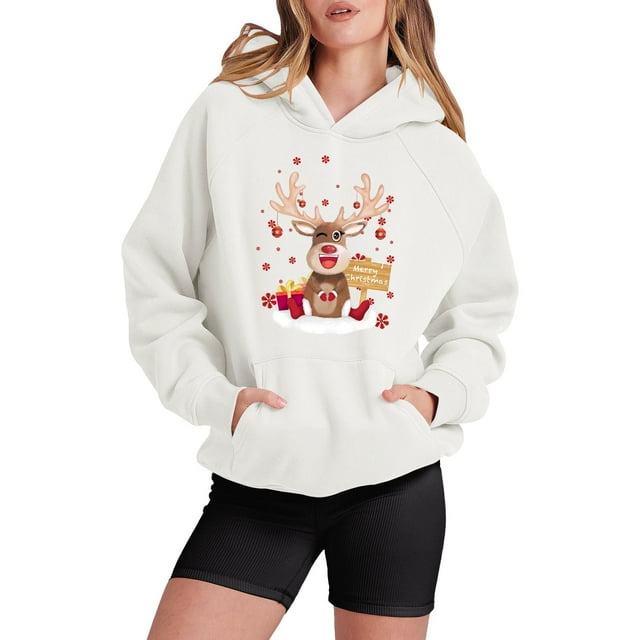 WILLBEST Sudadera Navideña de Manga Larga Raglán para Mujer con Capucha, Estampado de Copos de Nieve y Gorro de Papá Noel Chica