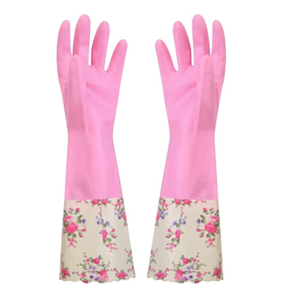 RKZDSR Non-Slip Household Cleaning Gloves with Floral Design, Long Rubber Velvet Gloves for Dishwashing and Cleaning