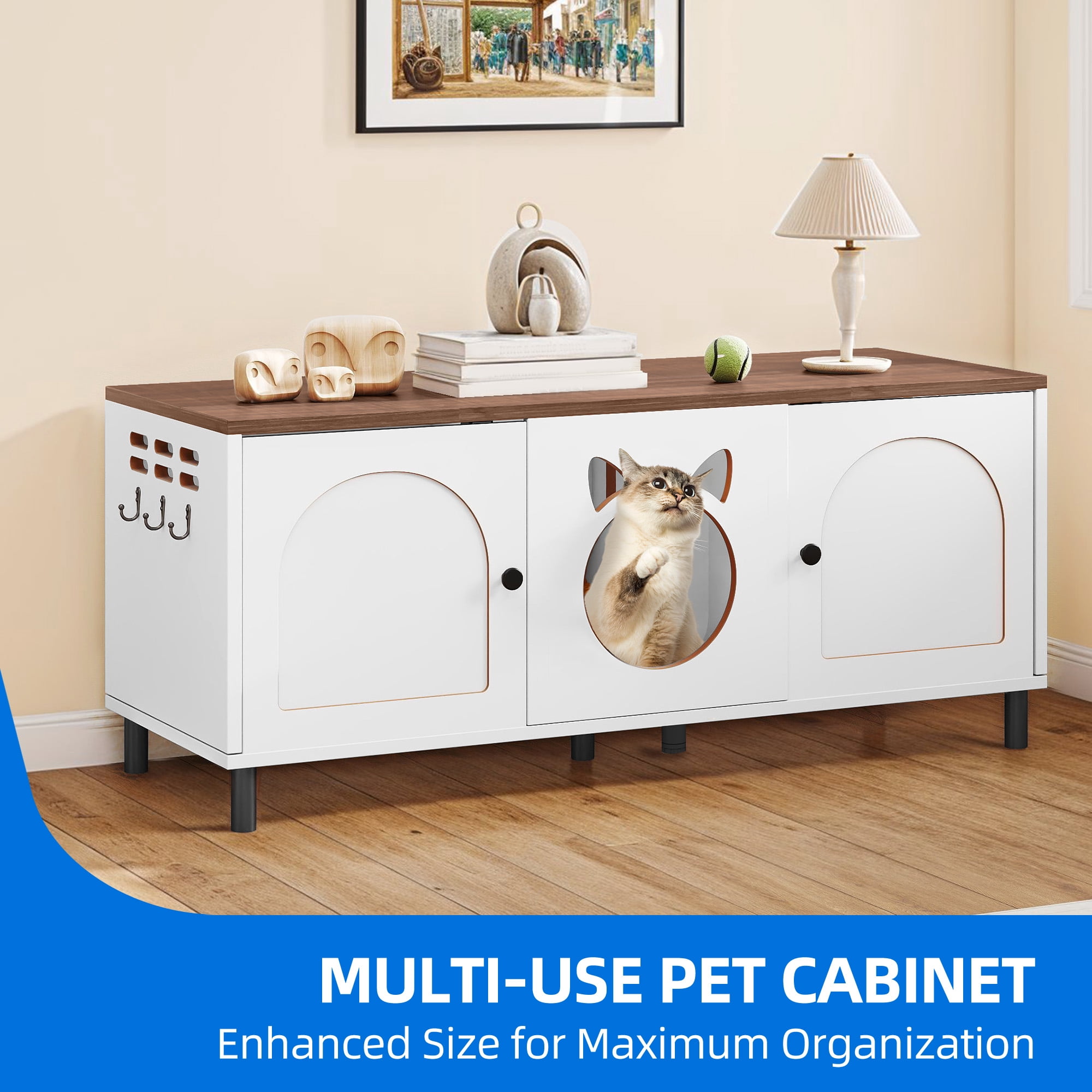 Dextrus Litter Box Furniture Hidden for 2 Cats,Large Wooden Cat Litter Box Enclosure with Double Room, Cat Washroom Furniture, End Table, White