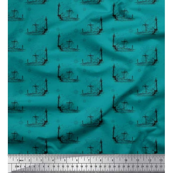 Soimoi Poly Georgette Fabric Direction Compass,Lighthouse & Yacht Nautical Print Fabric by The Yard 52 Inch Wide