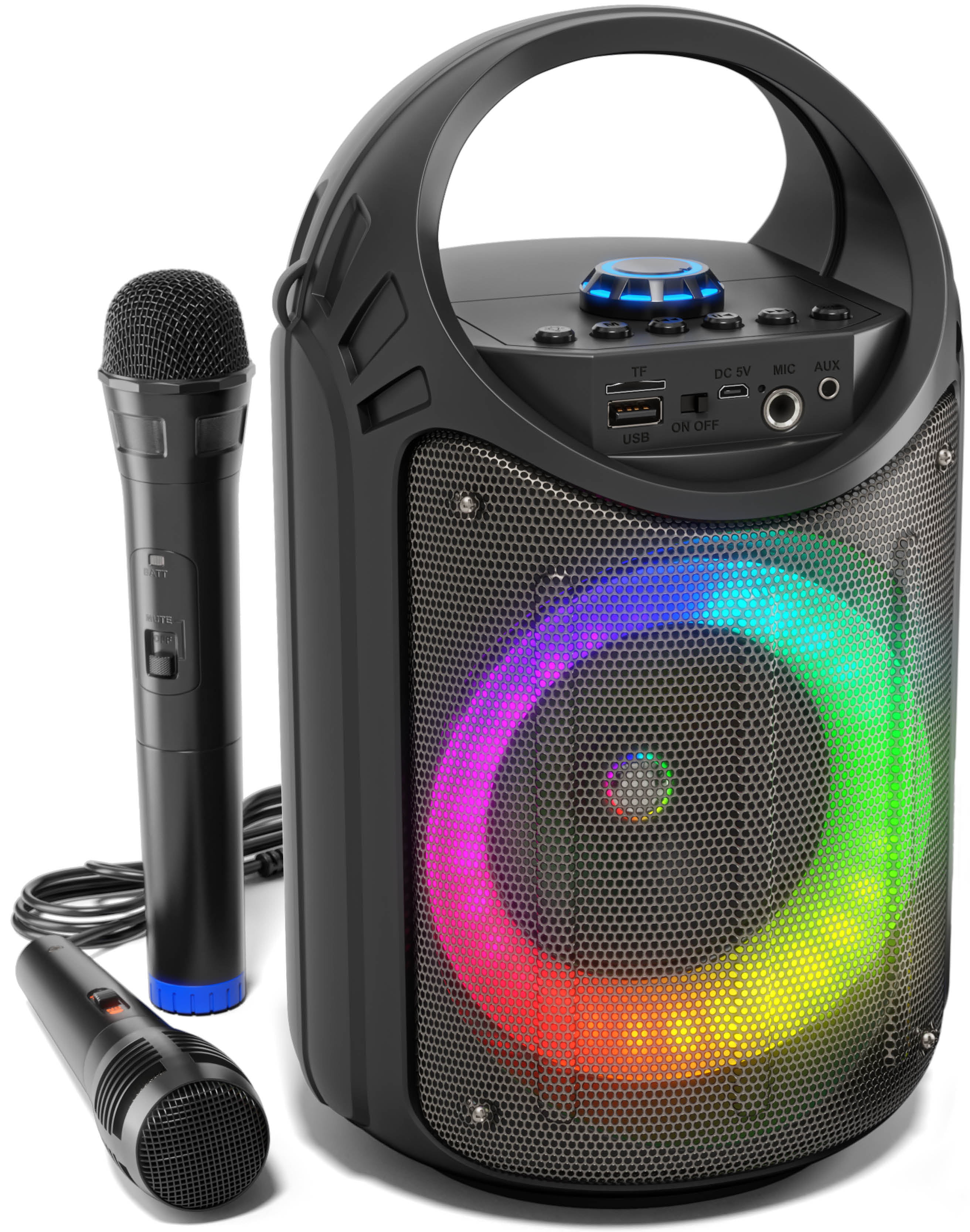 Home Karaoke System with Party Lights for Kids and Adults SD/TF Card Support Risebass Portable Karaoke Machine with Microphone Rechargeable USB Speaker Set with FM Radio and AUX-In Black 