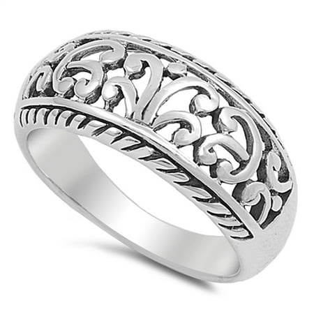 - Wide Filigree Floral Oxidized Vintage Ring .925 Sterling Silver Band Size 7