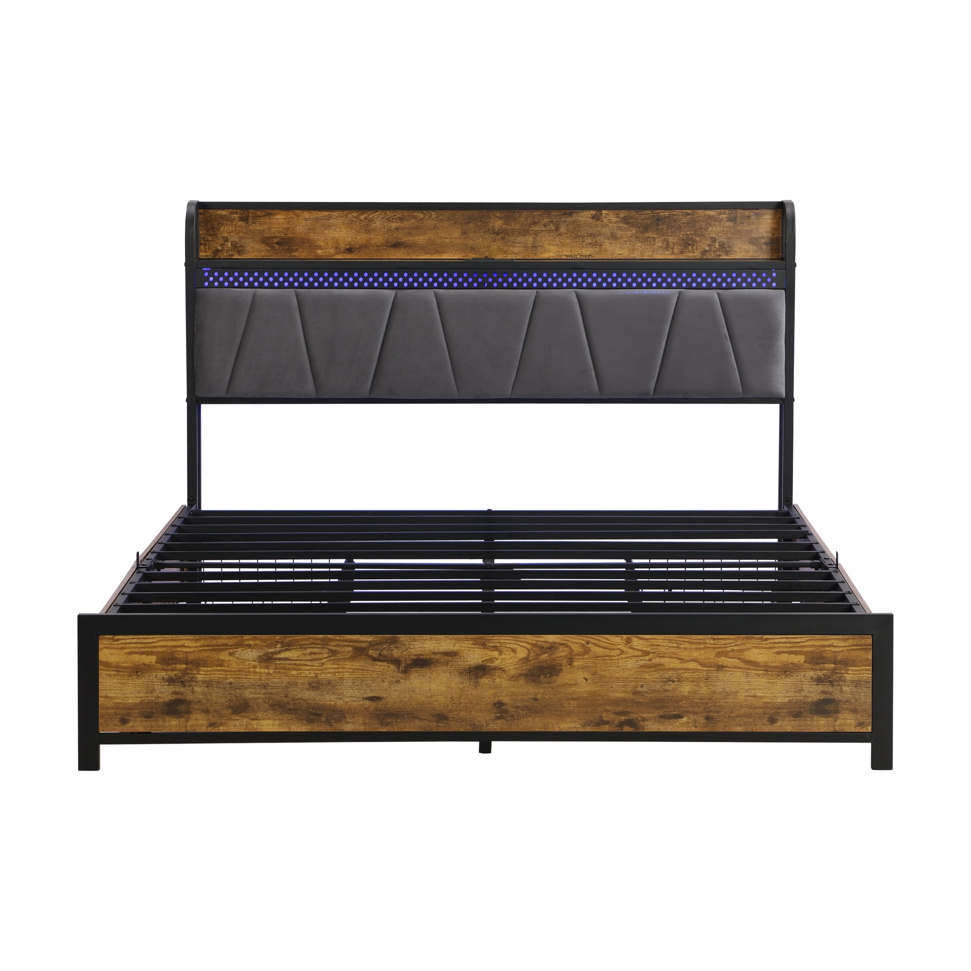 Leumius Full Size Bed Frame with LED Lights, Industrial Platform Bed with Charging Station & 4 Storage Drawers, Full