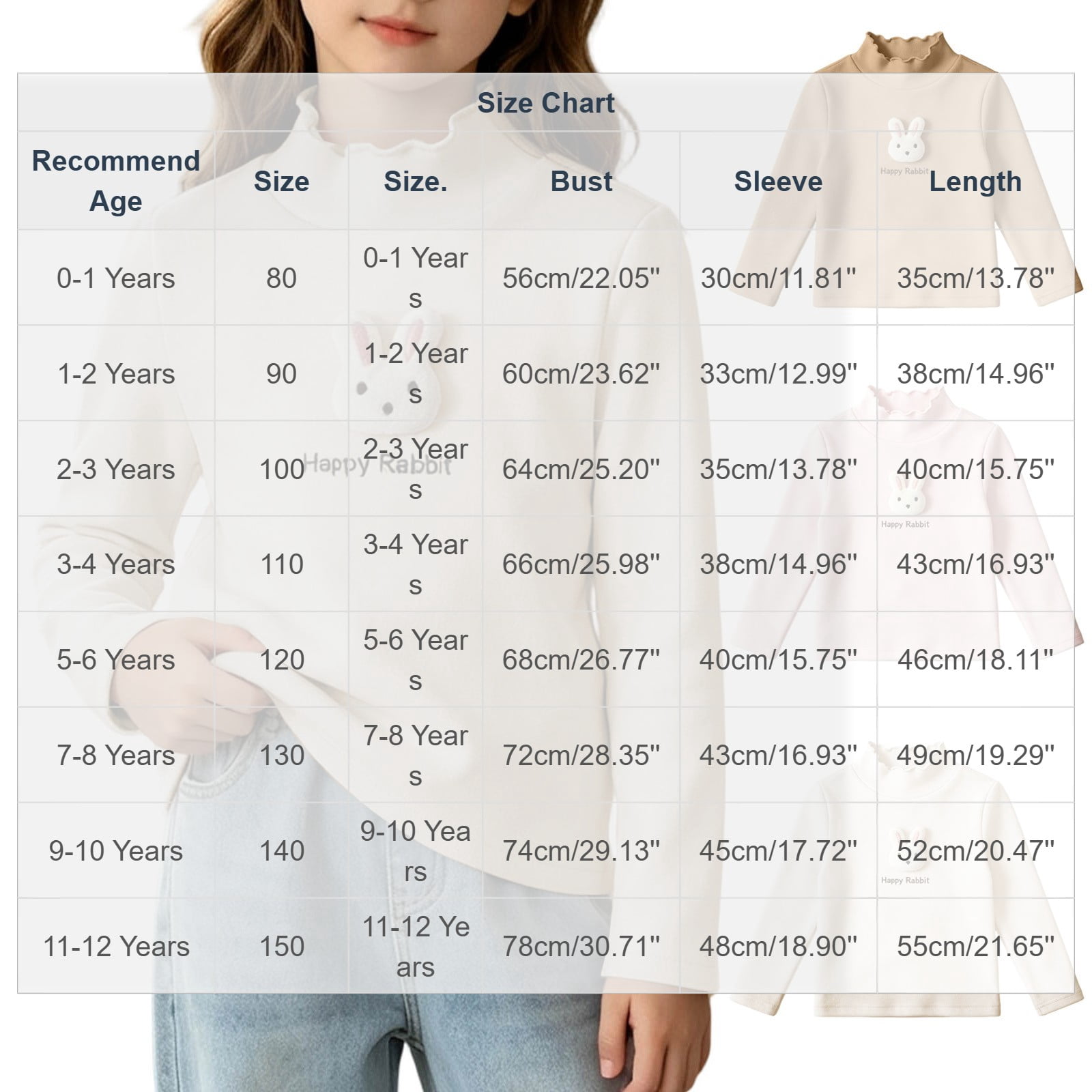 Yeaiivve Toddler Girls Long Sleeve Tops Ruffle Mock Neck Happy Rabbit Graphic Cute Tees Fall Casual T-Shirts Thin Fleece Thermal Undershirts for Kids Beige 2-3 Years