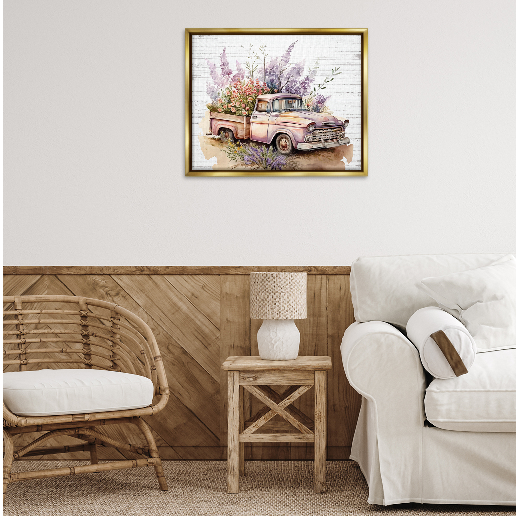 Stupell Industries Lavender Filled Truck Transportation Painting Gold Floater Framed Canvas Art Print Wall Art, 31 x 25