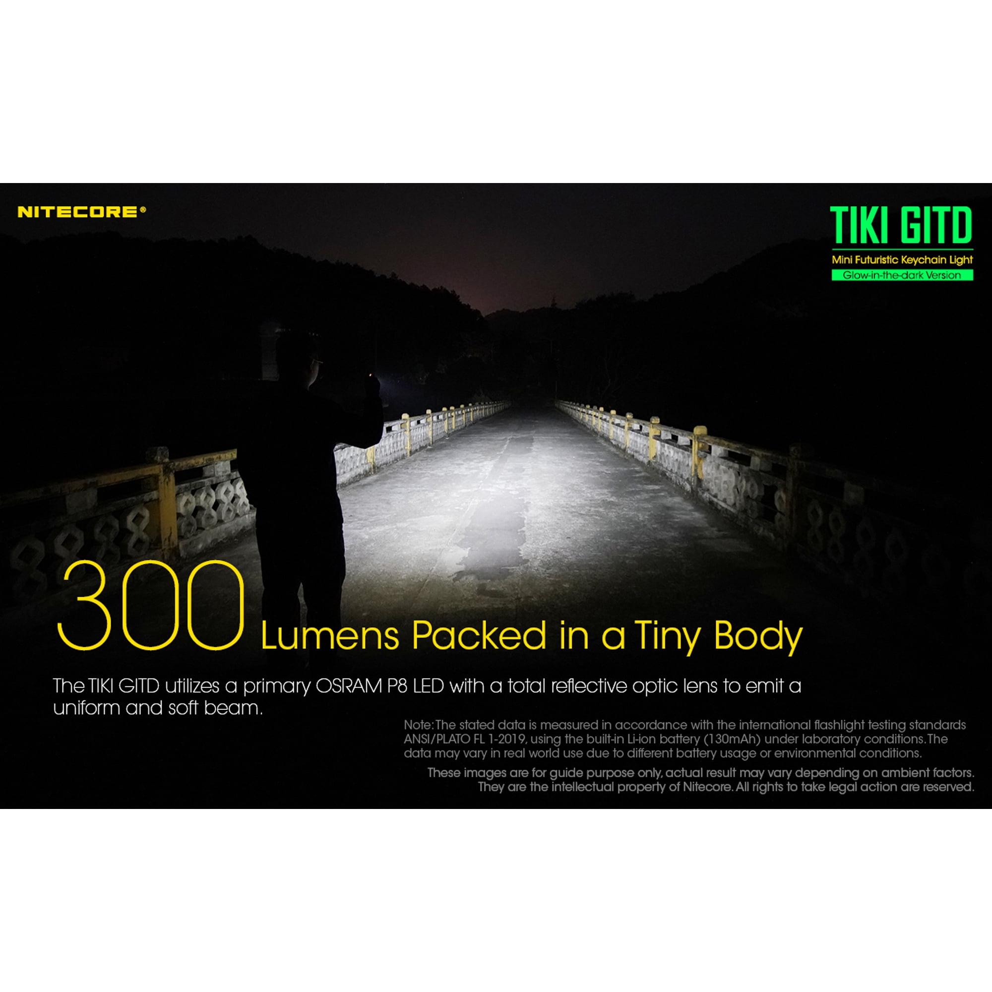 Nitecore TIKI GITD OSRAM P8 LED Rechargeable Keychain Flashlight, 300 Lumens, Green, 6952506406258