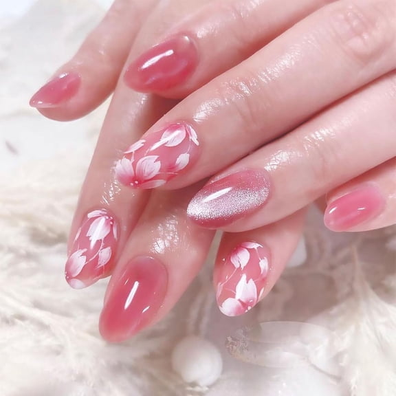 Press on Nails Short Oval Fake Nails Blue Full Cover Floral False Nails with Designs Glossy Glue on Nails Stick on Nails Acrylic Nails Artificial Nails for Women Girls 24Pcs R3 24 Fl Oz (Pack of