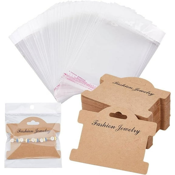 150Pcs Bracelet Display Cards Camel Jewelry Display Cards Jewelry Hanging Cards Jewelry Packaging Card with Pearl Film Cellophane Bags for Hair Ties Jewelry Displaying 3.78x2.95 inch