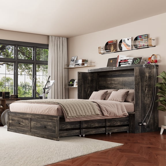 Oufan Queen Size Murphy Bed with Storage, Farmhouse Murphy Cabinet Bed with Charging Station & 2 Large Drawer, Hideaway Foldable Platform Bed for Guest Bedroom, Living Room, Small Room
