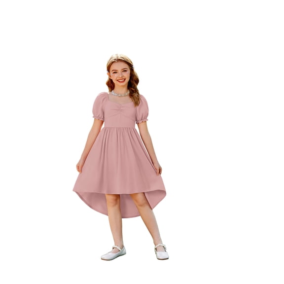 Arshiner Girls Summer Dress Puff Sleeve High Low Swing Cassual Formal Dresses with Pocket