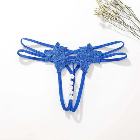 Luxalzxs Womens Sexy Pearl G String Tongs Low Waist Hollow Out Y-Back Flowers Embellished Underwear Valentine Underpants Open Cut Panties Lingerie