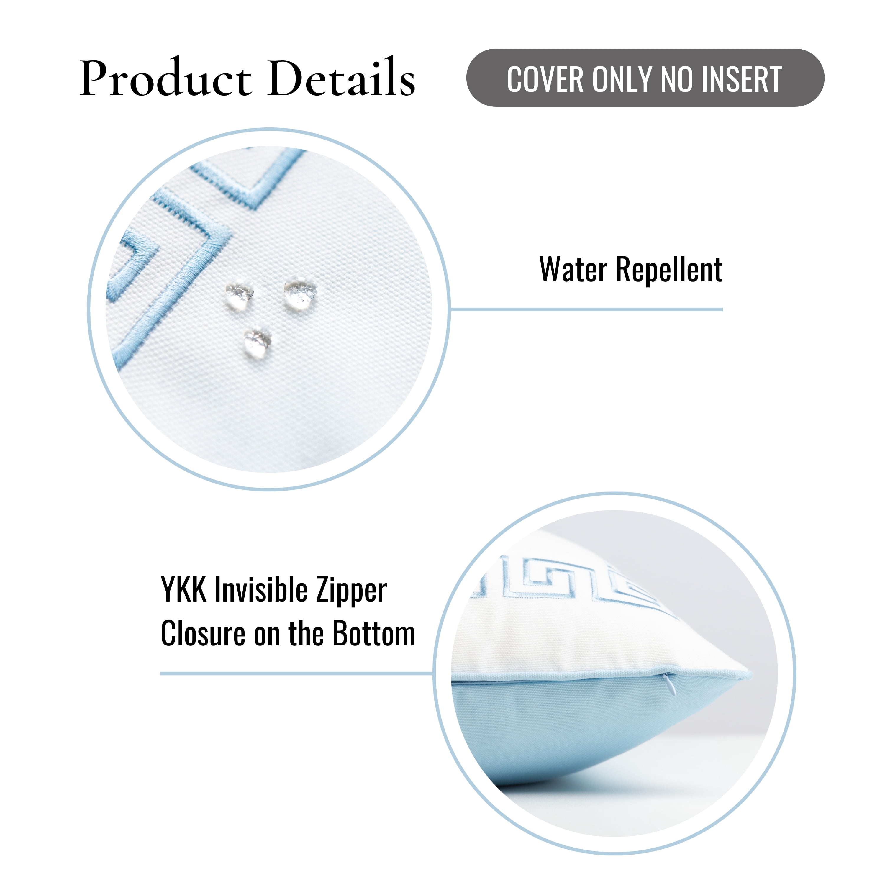 Hofdeco Premium Coastal Patio Indoor Outdoor Throw Pillow Cover Only, 20"x20" Water Repellent for Backyard, Couch, Baby Blue Embroidered Greek Key with Piping