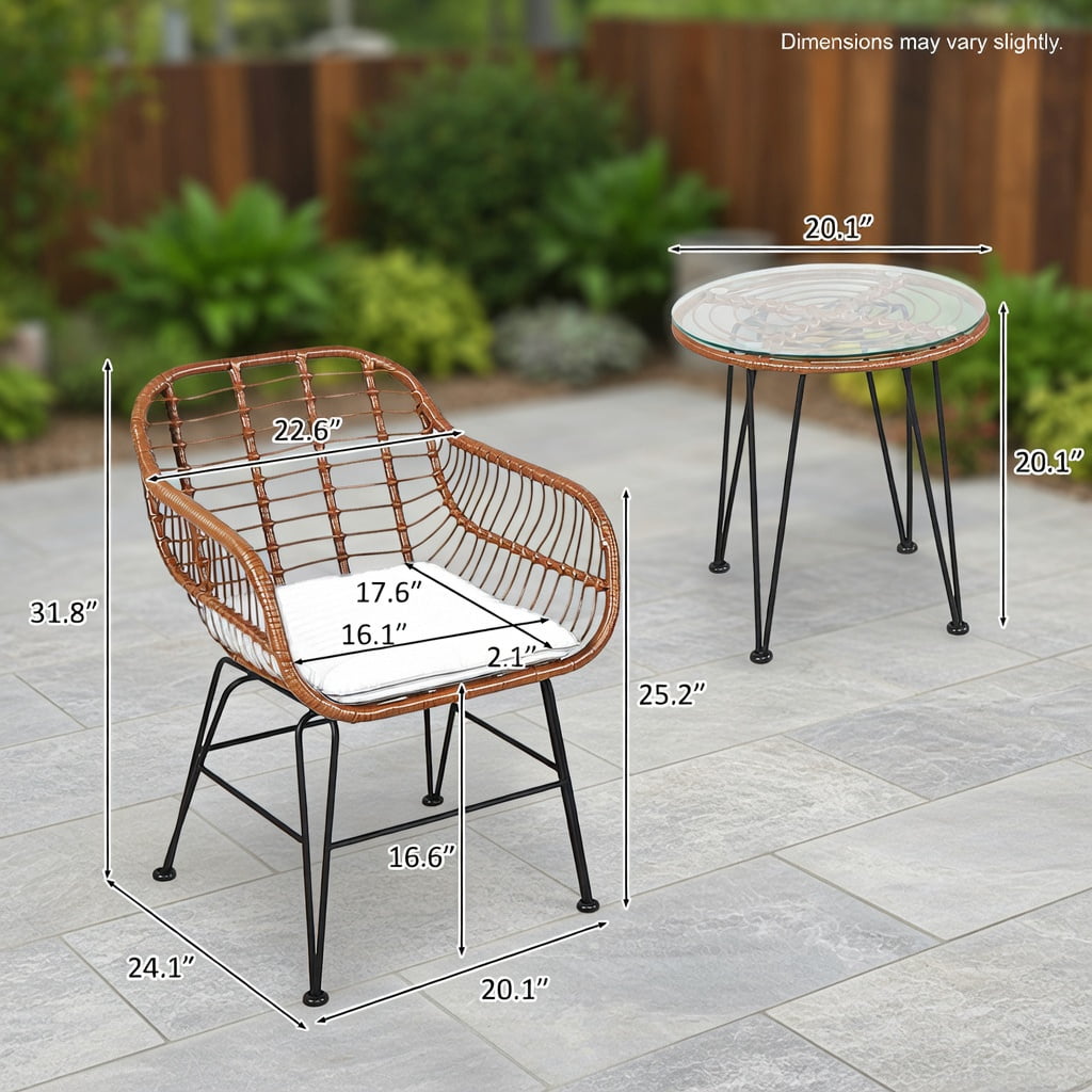 Hommoo 3-Piece Outdoor Rattan Bistro Set with Removable Cushions, Steel Frame, Tempered Glass Table, Patio & Balcony Seating, Black