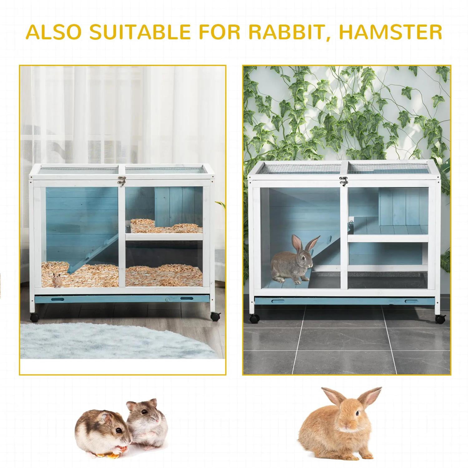 Pefilos Fir Wooden Bunny Hutch Indoor, Outdoor Rabbit Guinea Pig Cage for Small Animals with Trays & Casters, Blue