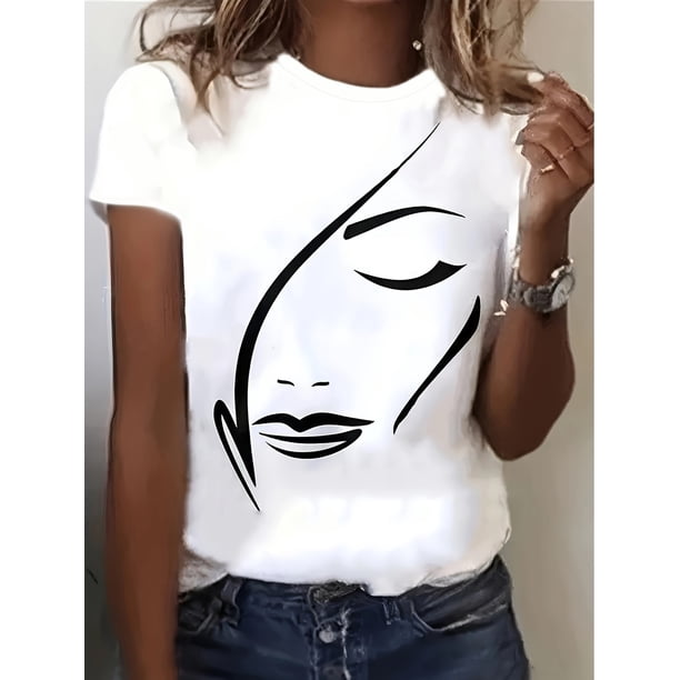 Figure Print Crew Neck T-shirt, Casual Short Sleeve Summer Daily Top, Women's Clothing