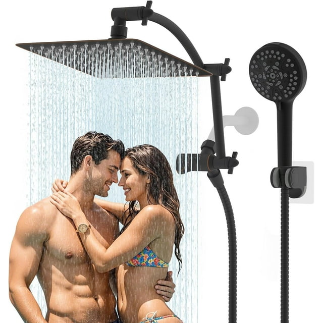 Pommeau de Douche Tout en Métal ‘‘ Pommeau de Douche Haute Pression Pluie / Combo Pommeau de Douche à Main avec ‘‘ Bras Extensible Réglable en Arc ‘‘ Support de Pommeau de Douche Adhésif Chrom