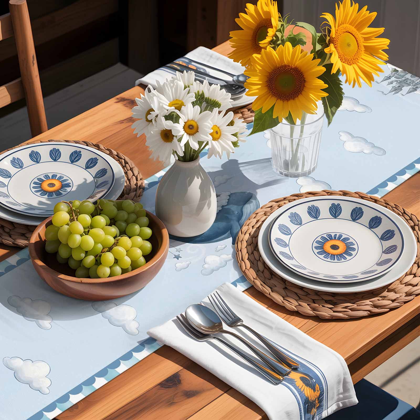 Burlap Table Runner 70 Inches Long,Ocean Whale Castle Cloud Sky Non-Slip Kitchen Table Runners for Dining Room Everyday Use Party Table Decorations Blue Theme Stripe