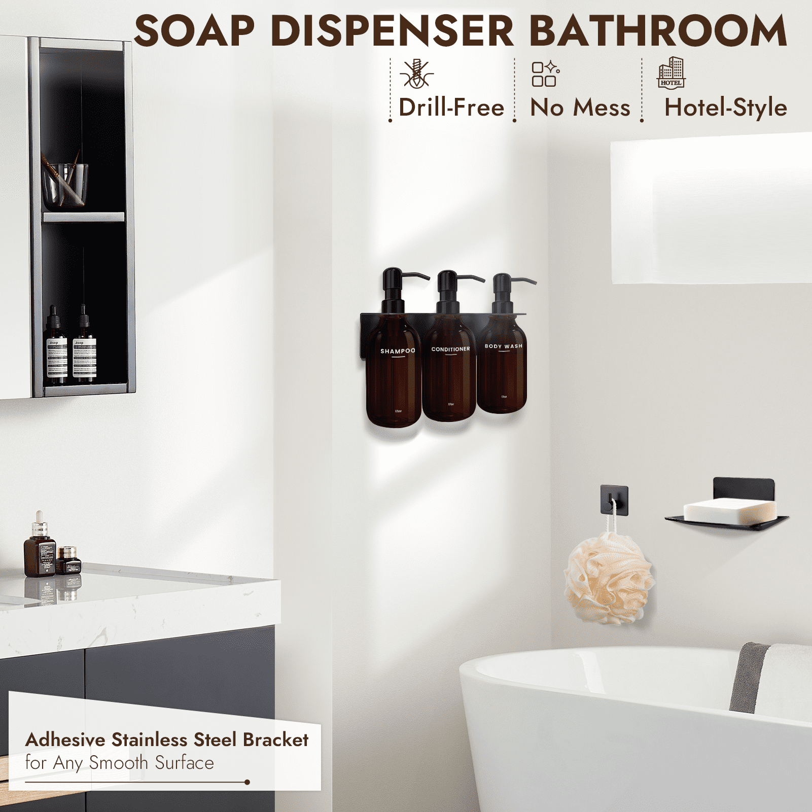 Nurforta Shampoo and Conditioner Dispenser - Shower Soap Dispenser Wall Mounted - 17 fl oz Set of 3 Brown Plastic Bottles with Stainless Steel Pumps & No-Drill Adhesive Holders for Bathroom