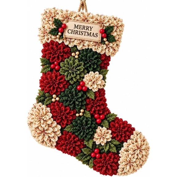 Christmas Fabric Flower Door Hanging DIY Kit, Layered Holiday Decor | 3D Poke Wreath Craft, Adults Beginner Friendly Sew Gift (Stocking)