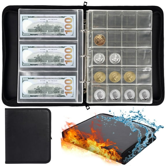 VORFOR Coin Collection Book Holders, 400 Pockets Fireproof Coins Collection Album & 36 Sleeves Paper Money Display Storage Organizer Case