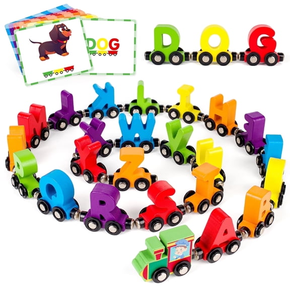 Vanmor 27 PCS Preschool Alphabet Toys Magnetic Wooden Train Sets | ABC Letter Learning Toy Trains with 42 PCS Flash Cards | Kids Boys Girls Educational Toys for 3 4 5 6 7 Years Old