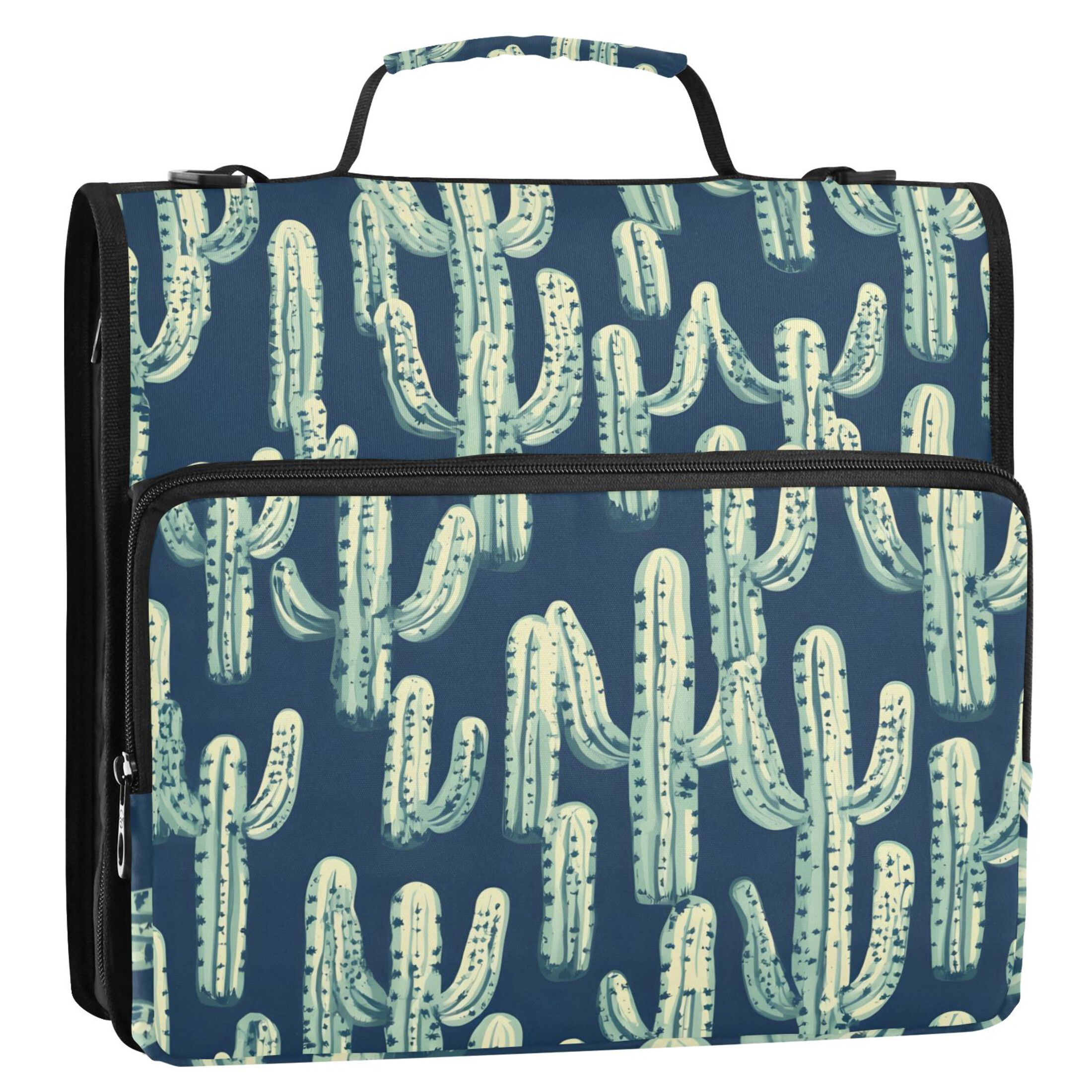 3 Ring Zipper Binder with Shoulder Strap Waterproof Trapper Keeper 2 Inch D-Ring 500 Sheets Capacity Cartoon Cactus