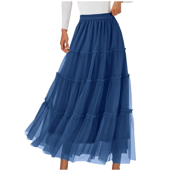 Ahabrexf Long Skirts for Women High Waist Flowing Solid Color Casual Midi Skirt Polyester
