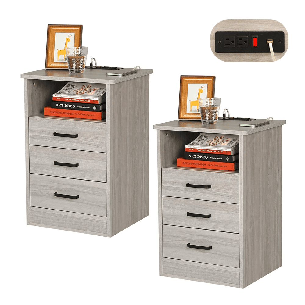 Set of 2 Nightstands with Charging Station and 3Drawers,Bedside Table