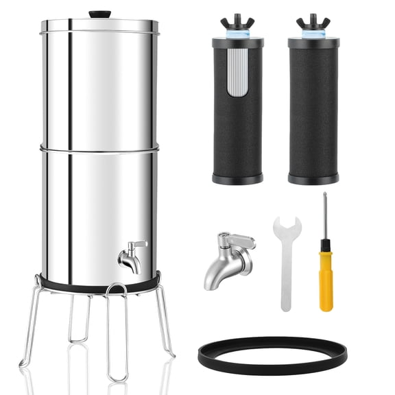 Lycdmont 2.25G Ultra-Filtration Gravity Water Filter System,304 Stainless Steel Countertop System with 2 Carbon Filters and Stand ,NSF/ANSI 42 Certification,Reduce 99.9% Chlorine