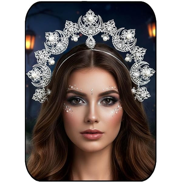 wonima44 Formery Moon Goddess Crown Silver Pearl Halo Headband Halloween Festival Rhinestone Star Mary Halo Headpiece for Women