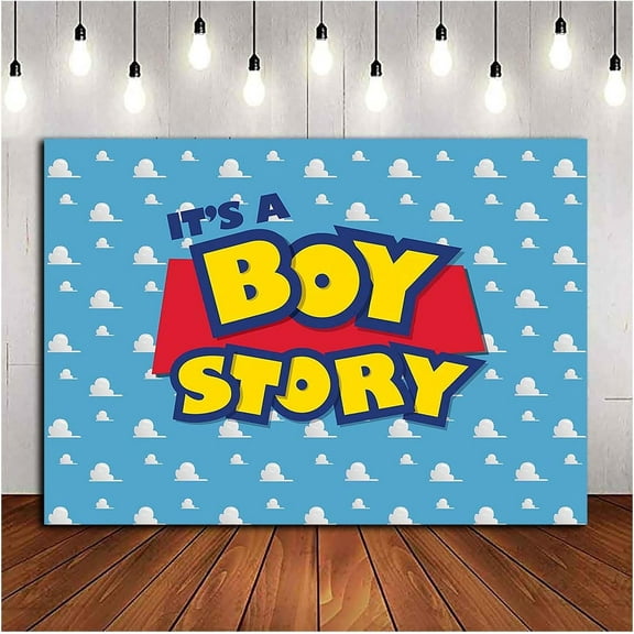 Cartoon It's A Boy Stroy Backdrop Blue Sky White Clouds Background Kids Birthday Party Boy Baby Shower Decorations Banner Photo Studio Props Supplies (3x5ft)