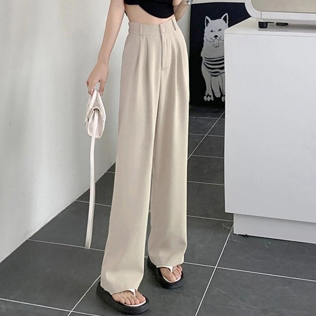 Pantalones holgados y elegantes de cintura alta para mujer, primavera 2024, nuevos pantalones de pierna ancha para mujer, pantalones de cintura elástica en color liso en la espalda.