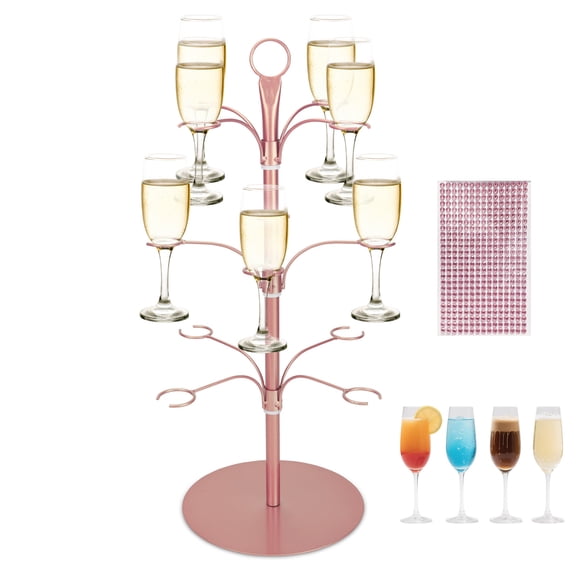 Rose Gold Wine Glass Holder with Crystal Stickers - Multi-Stemware Storage Rack for Wine/Champagne/Cocktail Glasses, Dual-Use Stand for Party Wedding Dinner