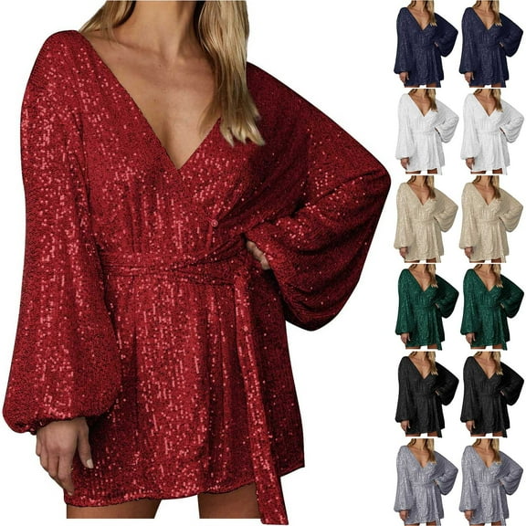 qolati Wedding Guest Dresses for Women Sparkly Formal V Neck Mini Dress with Belt Puff Short Sleeve Sequin Cocktail Party Evening Prom Dresses Gray S