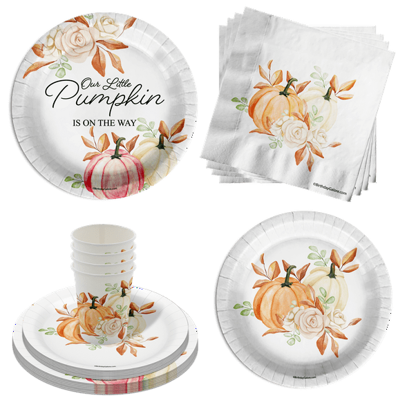 Little Pumpkin on the Way Girl Baby Shower Party Supplies 64 Piece Tableware Set Includes Large 9" Paper Plates Dessert Plates, Cups and Napkins Kit for 16