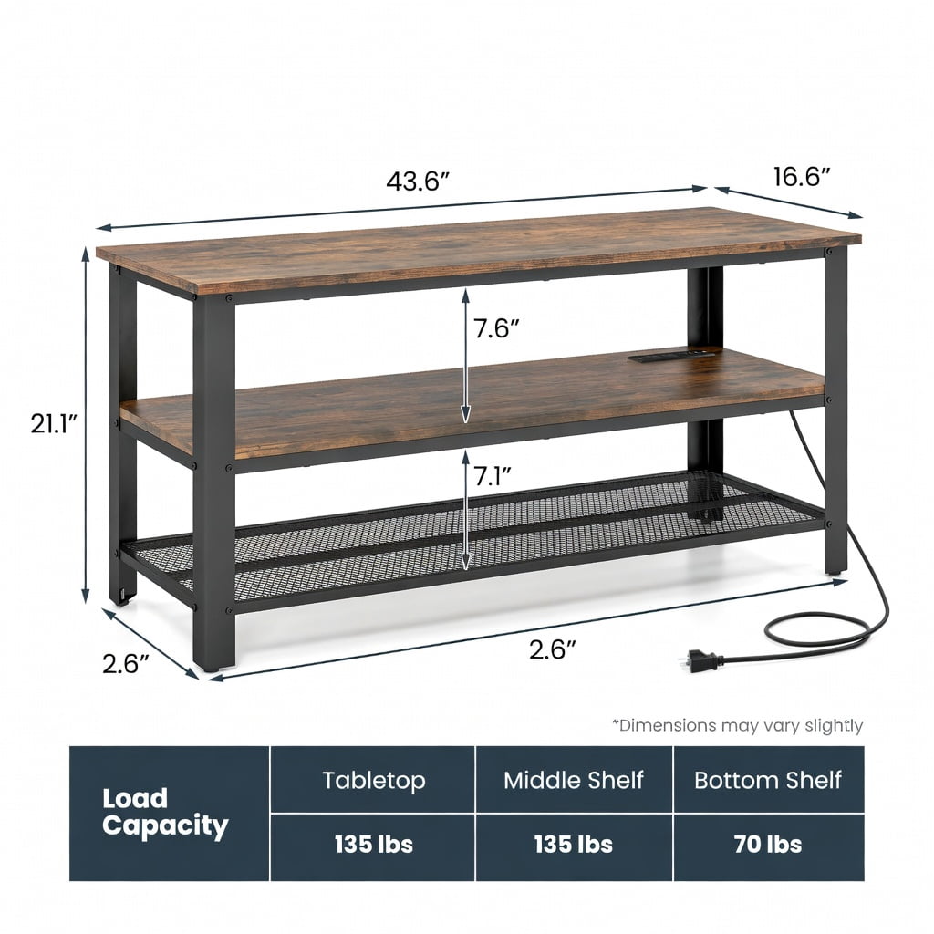 Topcobe 3-Tier Industrial Entertainment TV Stand with Metal Mesh Shelf, Modern TV Stands, TV Furniture for Living Room