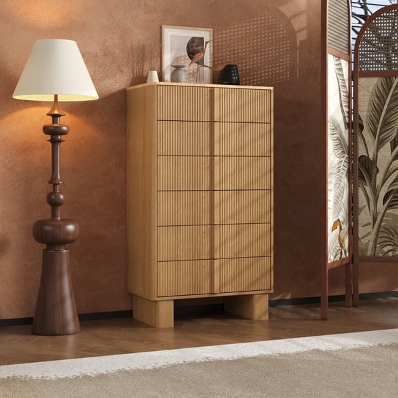 51 Inch Tall Modern Fluted 6-Drawer Dresser - Chest of Drawers with Wooden Handles & Reinforced Legs for Bedroom Living Room Hallway, Light Oak