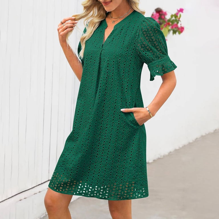 Zjxfgs Flattering Dresses for Apple Shape Tiered Mini Casual Shift Dress Women's V Neck Short Sleeve Hollow Out Lace Ruffle Dresses with Pocket Eyelet