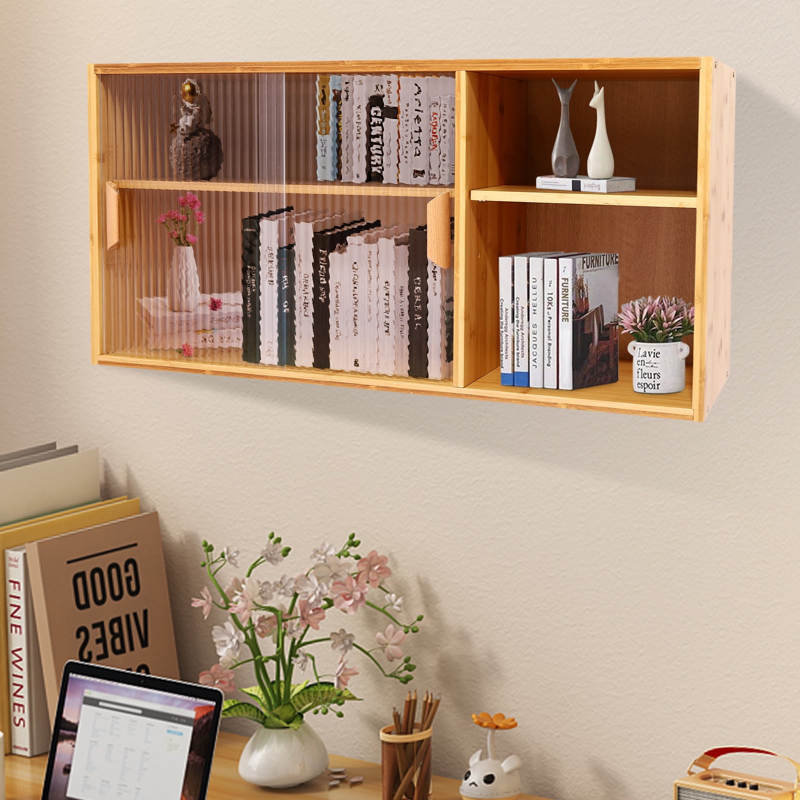 Kitchen Pantry Cabinet, Wall Mounted Bamboo Pantry Sideboard Wood Small 2-Tier Countertop Storage Cabinet with Sliding Glass Door Food & Utensils Cupboard for Dining Room, Home