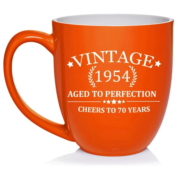 Cheers To 70 Years Vintage 1954 70th Birthday Ceramic Coffee Mug Tea Cup Gift for Her, Him, Men, Women, Mom, Dad, Grandma, Grandpa, Party Favor, Friend, Husband, Wife, Anniversary (16oz Orange)