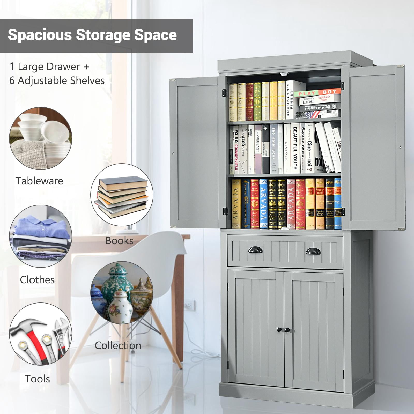 Giantex Kitchen Pantry Cabinet, Freestanding Adjustable Cabinet w/Doors for Dining Room, Living Room or Bedroom, Grey