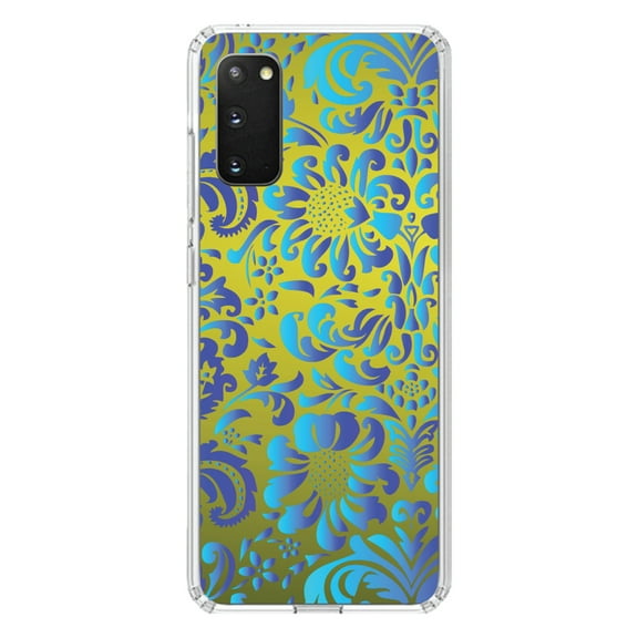 DistinctInk Clear Shockproof Hybrid Case for Galaxy S20 ULTRA / 5G (6.9" Screen) - TPU Bumper, Acrylic Back, Tempered Glass Screen Protector - Green Blue Teal Floral Pattern