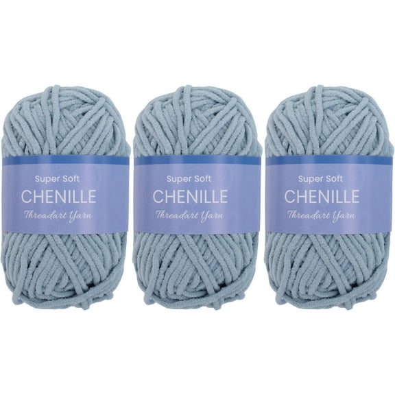 3 Pack ThreadArt Chenille Yarn for Crocheting, Knitting, Amigurumi, Super Soft Plush Velvet Yarn - 50 Gram 60 yds #5 Fluffy Yarn Skeins - Dusty Blue