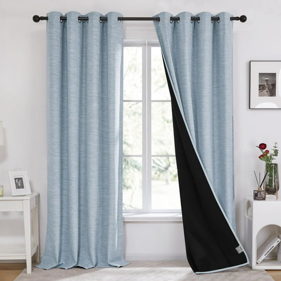 Deconovo Faux Linen Total Blackout Curtains Grommet Noise Reducing Panels with Black Backing Light Blue 52x96 Inch