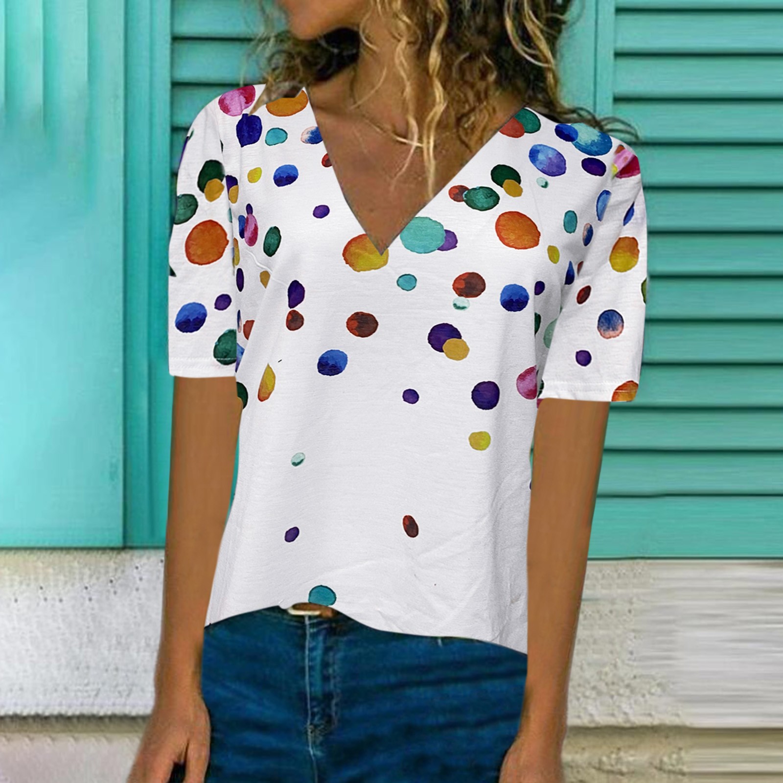 Women Color Polka Dot Printed V-Neck 