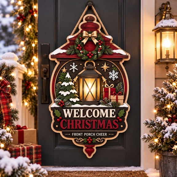 Christmas Wooden Sign Welcome Lantern Wreath Front Porch Decor