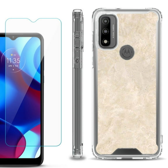 Shockproof Bumper Phone Case for Motorola Moto G Pure, with Tempered Glass Screen Protector, by OneToughShield ® - Marble / Latte
